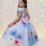 Vestido Infantil Azul Florido com Laço ou Tiara