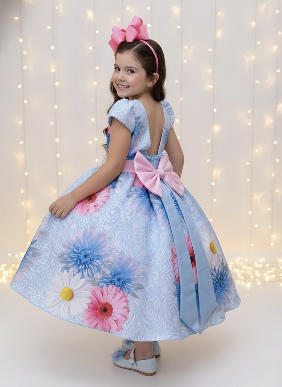 Vestido Infantil Azul Florido com Laço ou Tiara