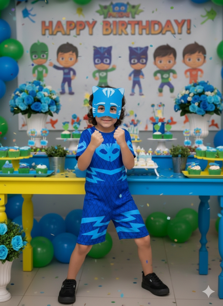 Fantasia Infantil Menino Gato PJ Masks com Máscara