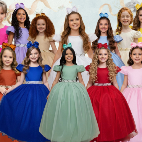 Vestido Longo Infantil Heloísa Marie Tule Glitter e Pérolas