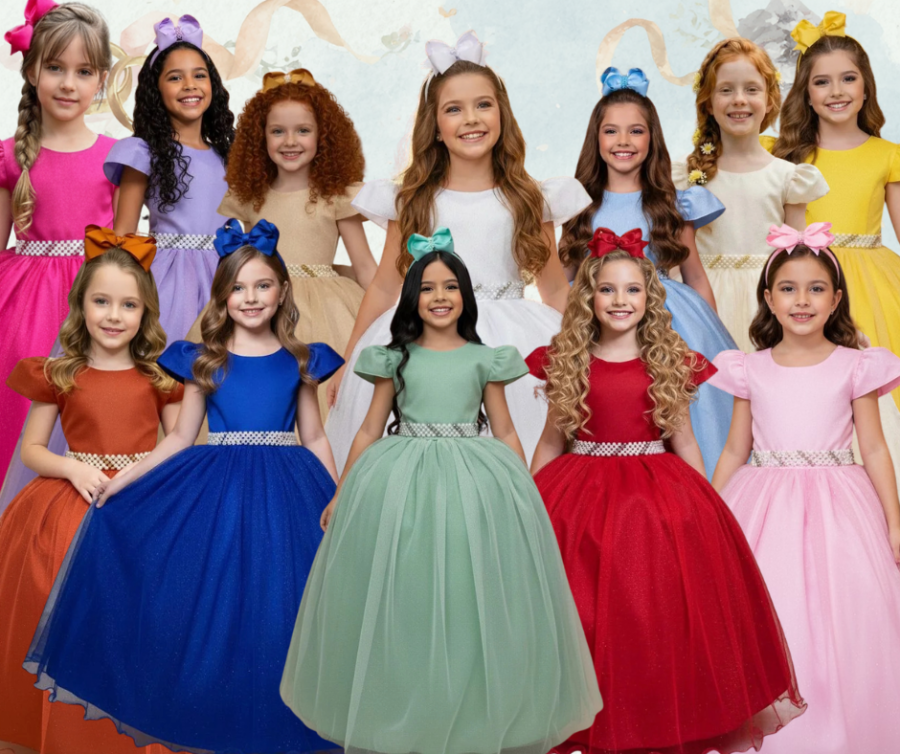 Vestido Longo Infantil Heloísa Marie Tule Glitter e Pérolas
