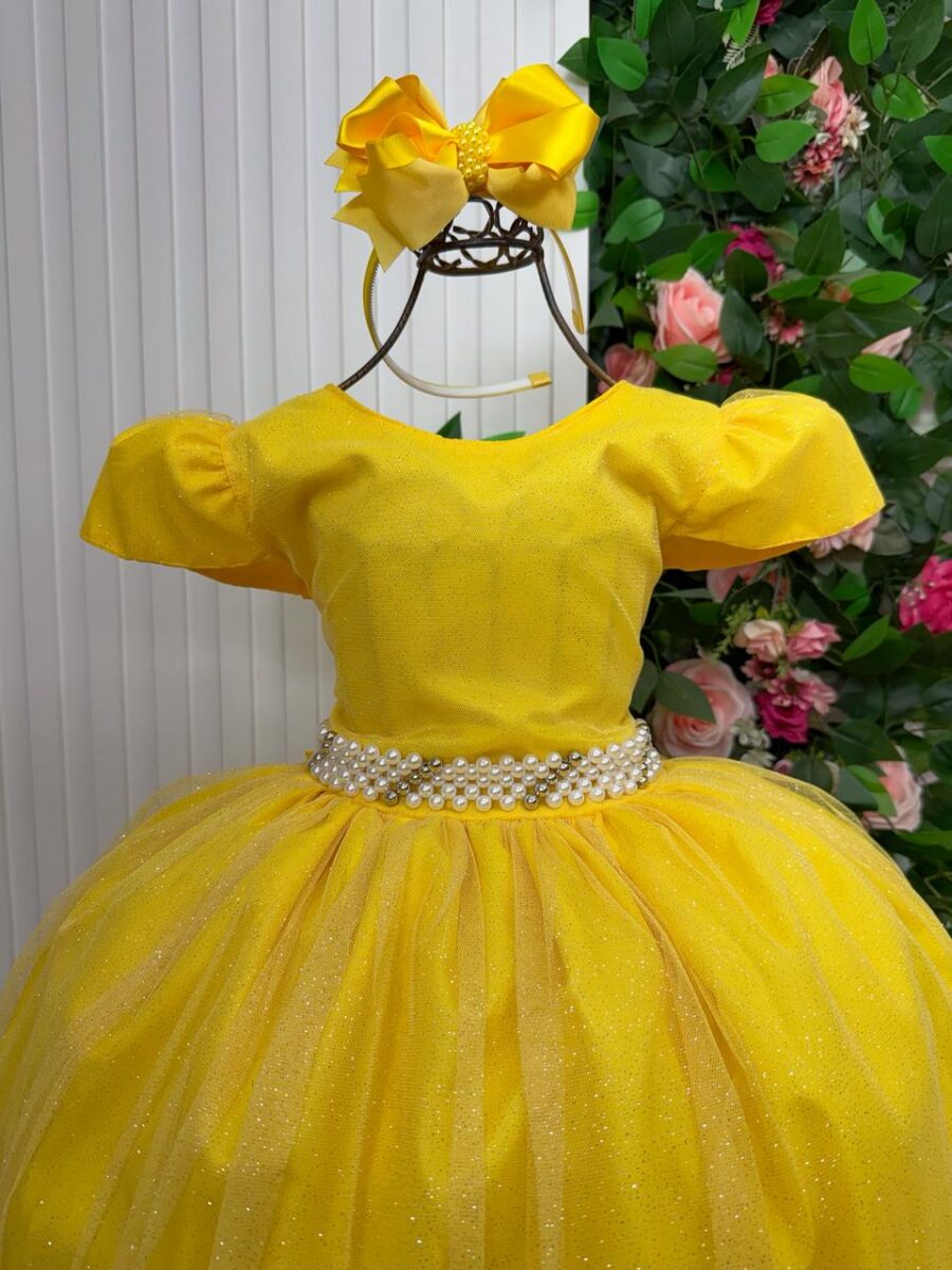 Vestido Longo Infantil Heloísa Marie Tule Glitter e Pérolas