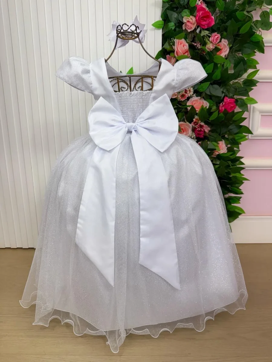 Vestido Longo Infantil Heloísa Marie Tule Glitter e Pérolas