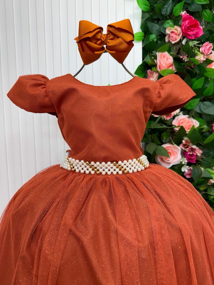 Vestido Longo Infantil Heloísa Marie Tule Glitter e Pérolas
