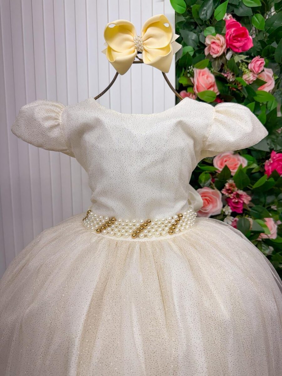 Vestido Longo Infantil Heloísa Marie Tule Glitter e Pérolas