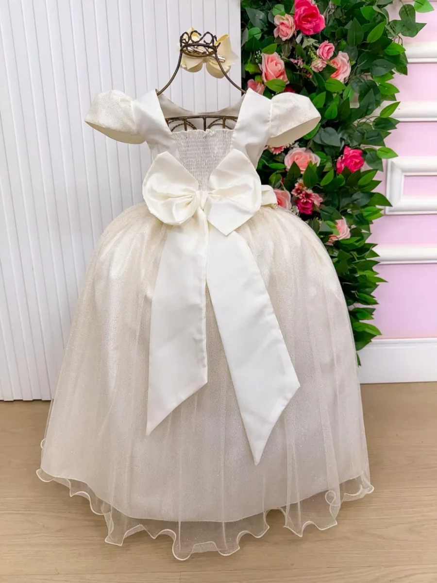 Vestido Longo Infantil Heloísa Marie Tule Glitter e Pérolas