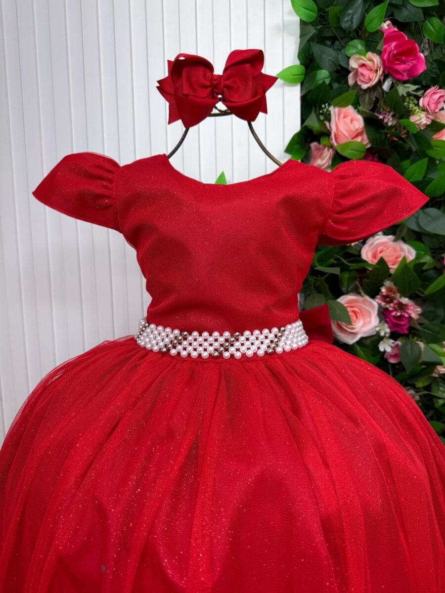 Vestido Longo Infantil Heloísa Marie Tule Glitter e Pérolas