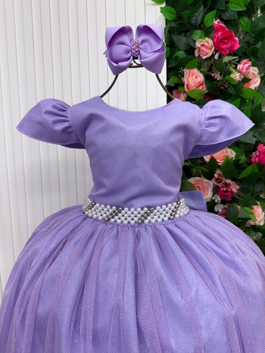 Vestido Longo Infantil Heloísa Marie Tule Glitter e Pérolas