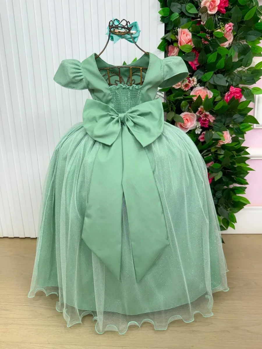 Vestido Longo Infantil Heloísa Marie Tule Glitter e Pérolas