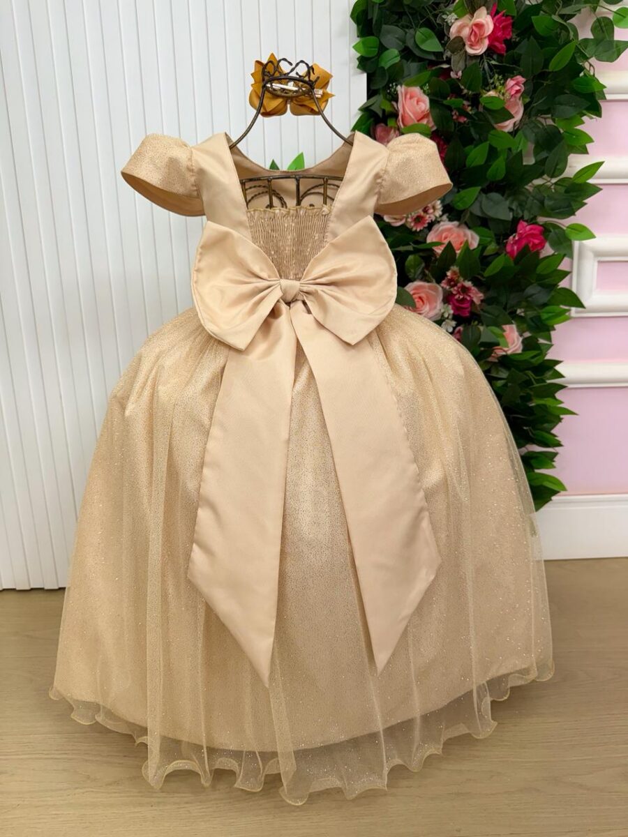 Vestido Longo Infantil Heloísa Marie Tule Glitter e Pérolas