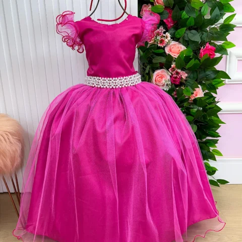 Vestido Longo Amanda Marie Pink Tule e Cinto de Pérolas