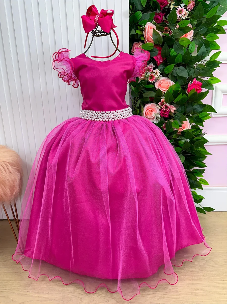 Vestido Longo Amanda Marie Pink Tule e Cinto de Pérolas