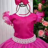 Vestido Longo Amanda Marie Pink Tule e Cinto de Pérolas
