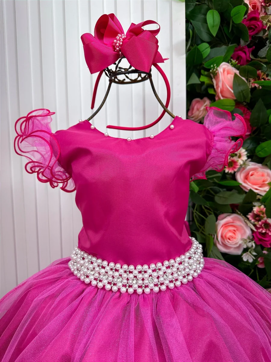 Vestido Longo Amanda Marie Pink Tule e Cinto de Pérolas