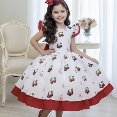 Vestido Infantil Branco e Vermelho Estampa Cereja
