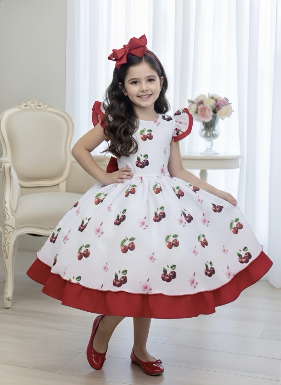Vestido Infantil Branco e Vermelho Estampa Cereja