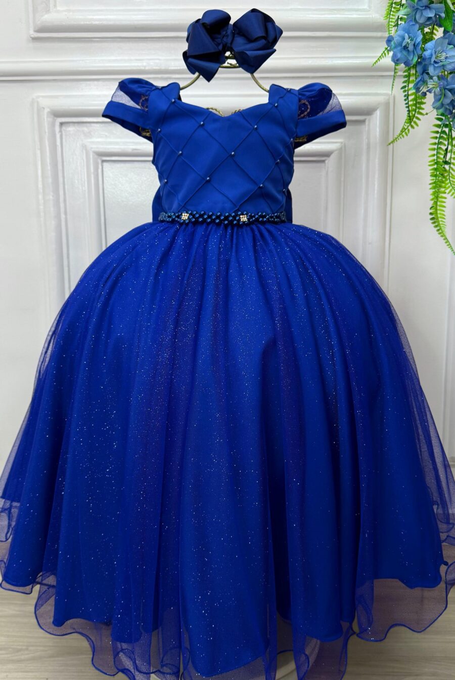 Vestido Infantil Longo Azul Royal Busto Nervura Dama
