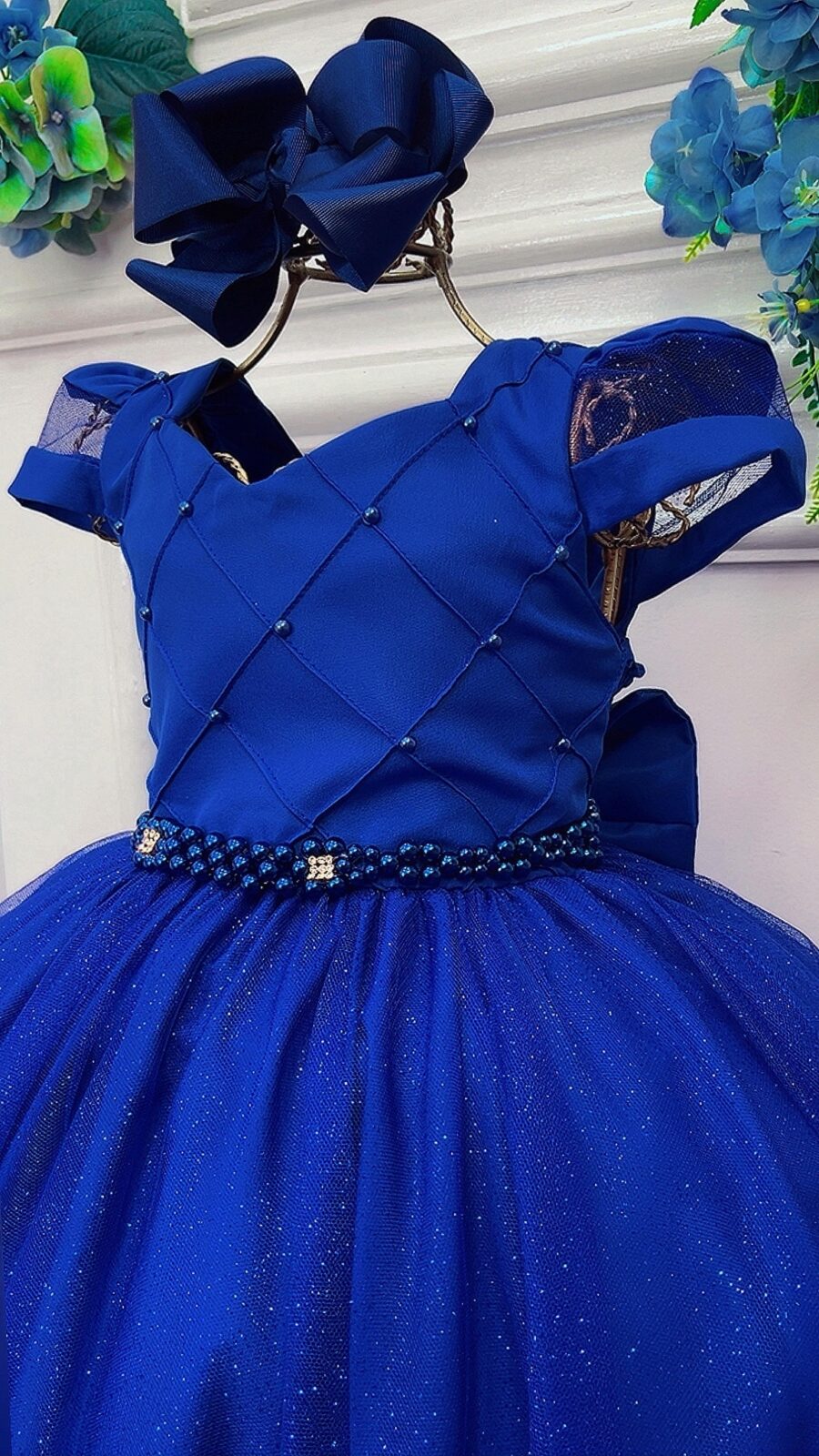 Vestido Infantil Longo Azul Royal Busto Nervura Dama