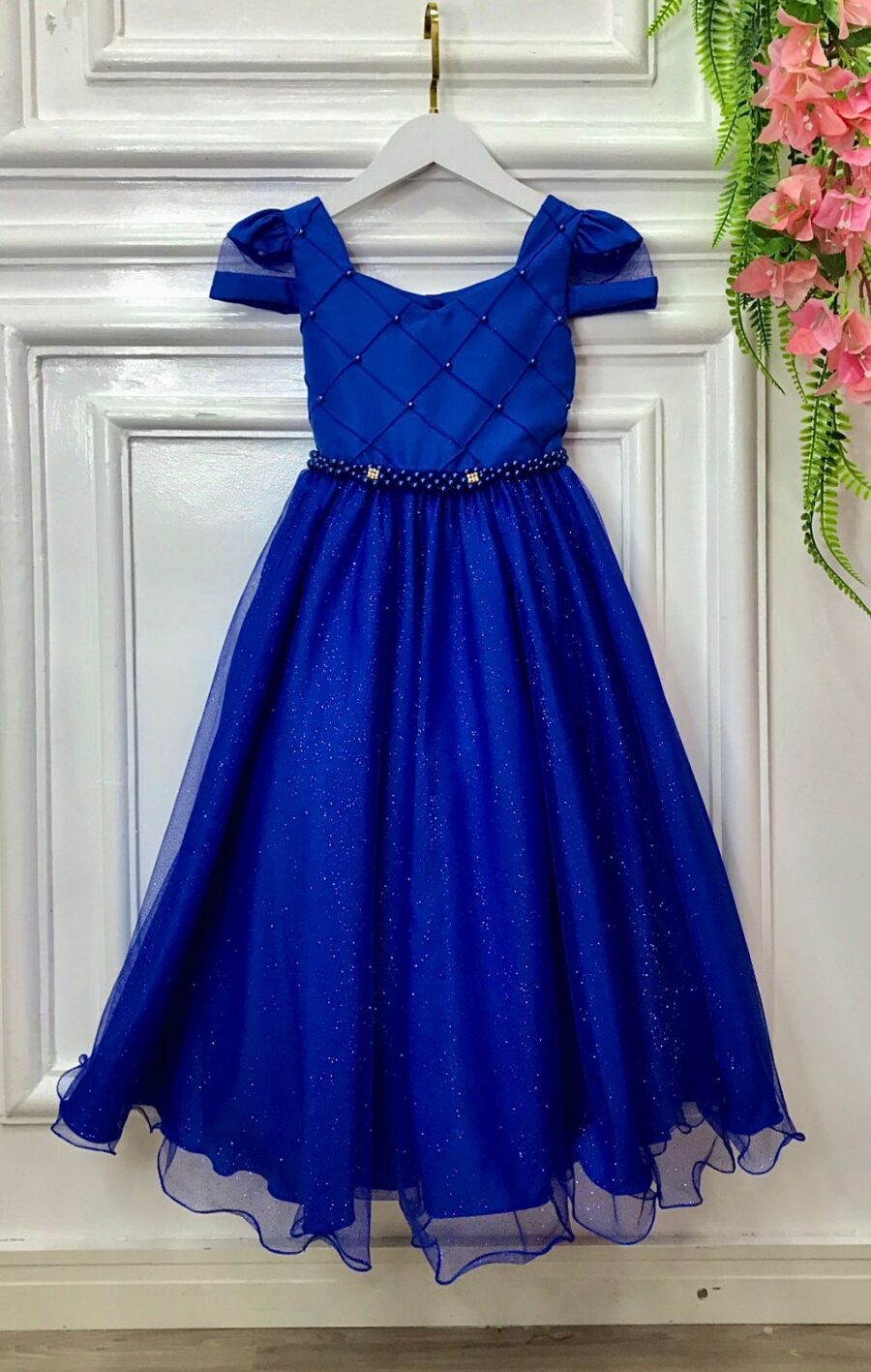 Vestido Infantil Longo Azul Royal Busto Nervura Dama