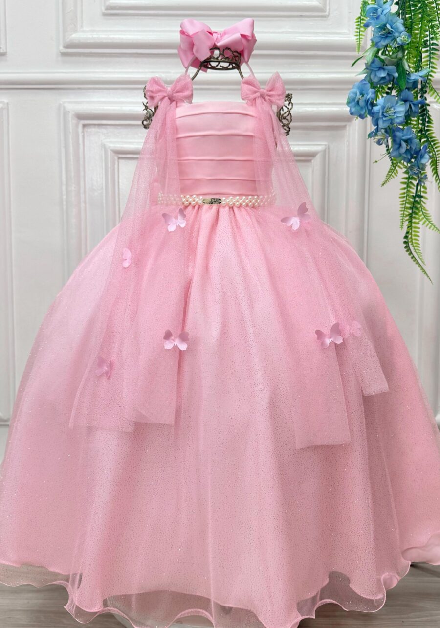 Vestido Infantil Longo Rosa com Borboletas Dama Festa