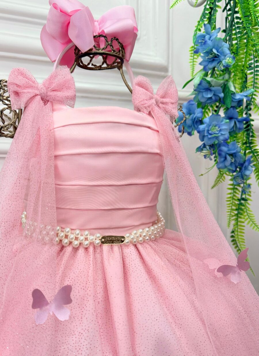 Vestido Infantil Longo Rosa com Borboletas Dama Festa