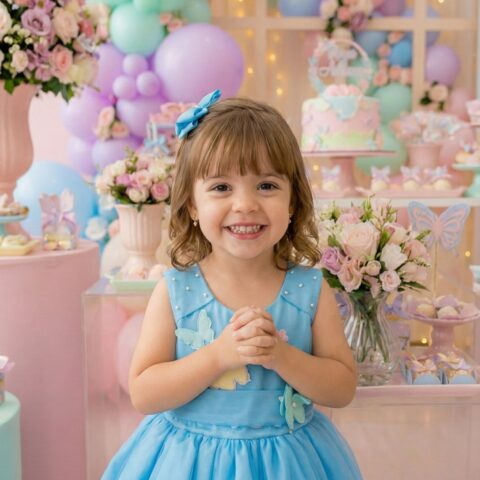 Vestido Infantil Anabel Princesa Belli Jardim Azul Turquesa