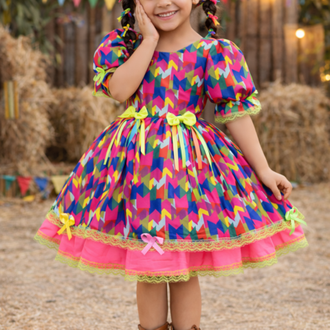 Vestido Junino Infantil Arraiá Caipira Bandeirinhas