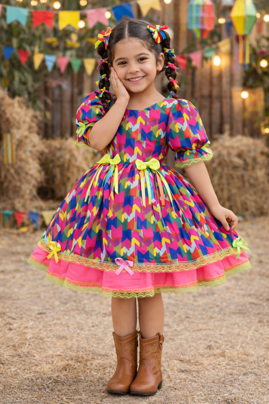Vestido Junino Infantil Arraiá Caipira Bandeirinhas