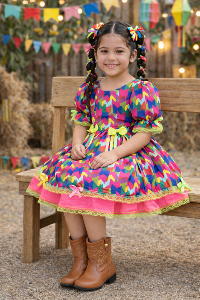Vestido Junino Infantil Arraiá Caipira Bandeirinhas