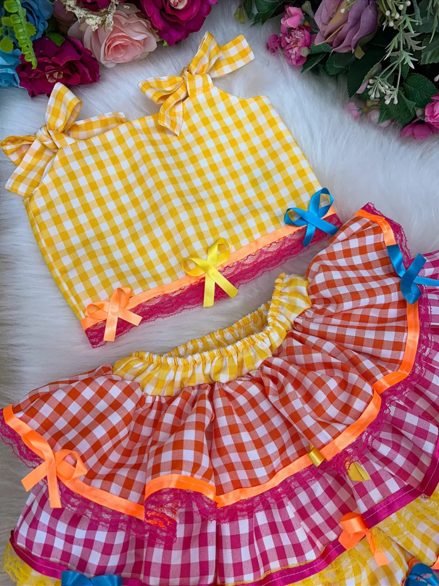 Conjunto Junino Infantil Banana Club Sofia Xadrez