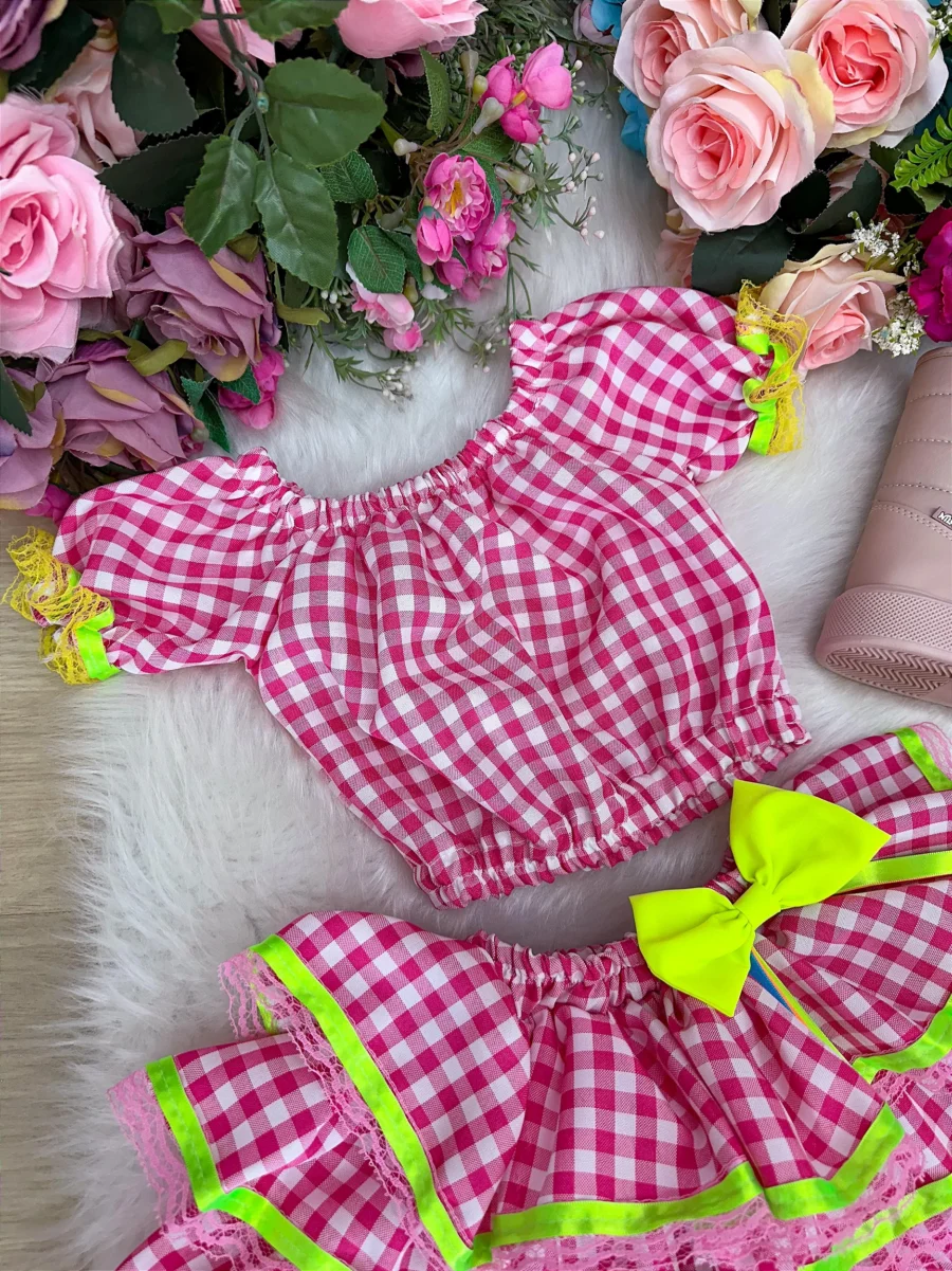 Conjunto Junino Infantil Banana Club Sofia Xadrez