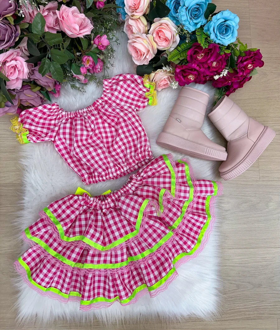 Conjunto Junino Infantil Banana Club Sofia Xadrez