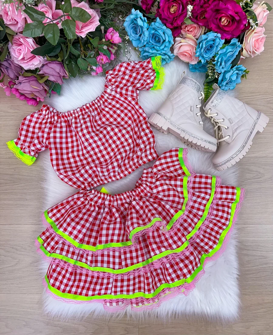 Conjunto Junino Infantil Banana Club Sofia Xadrez