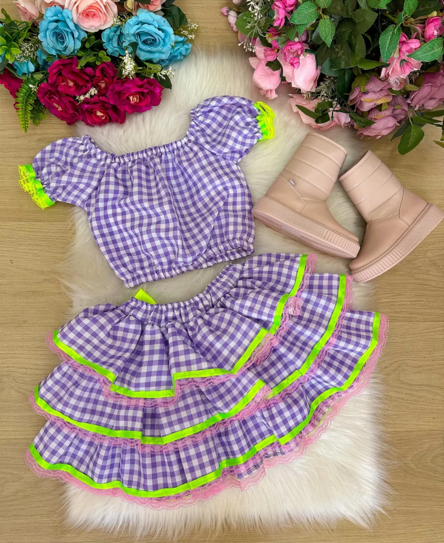 Conjunto Junino Infantil Banana Club Sofia Xadrez