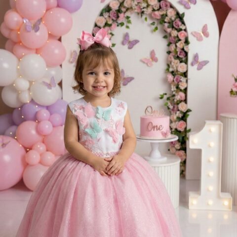 Vestido Infantil Marie Juliana Jardim Encantado Rosa