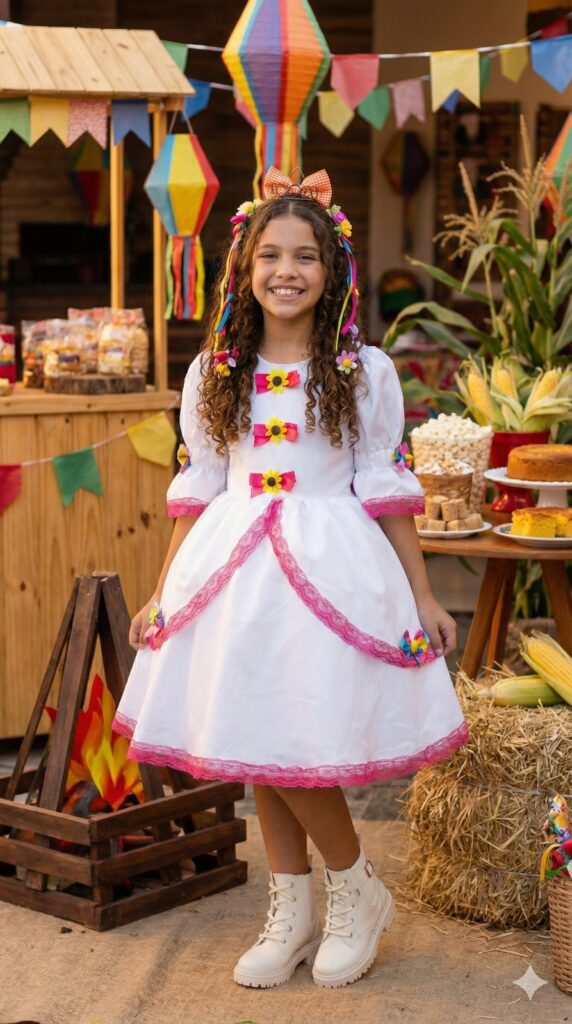 Vestido Junino Infantil Banana Club Noivinha Lacinhos Branco