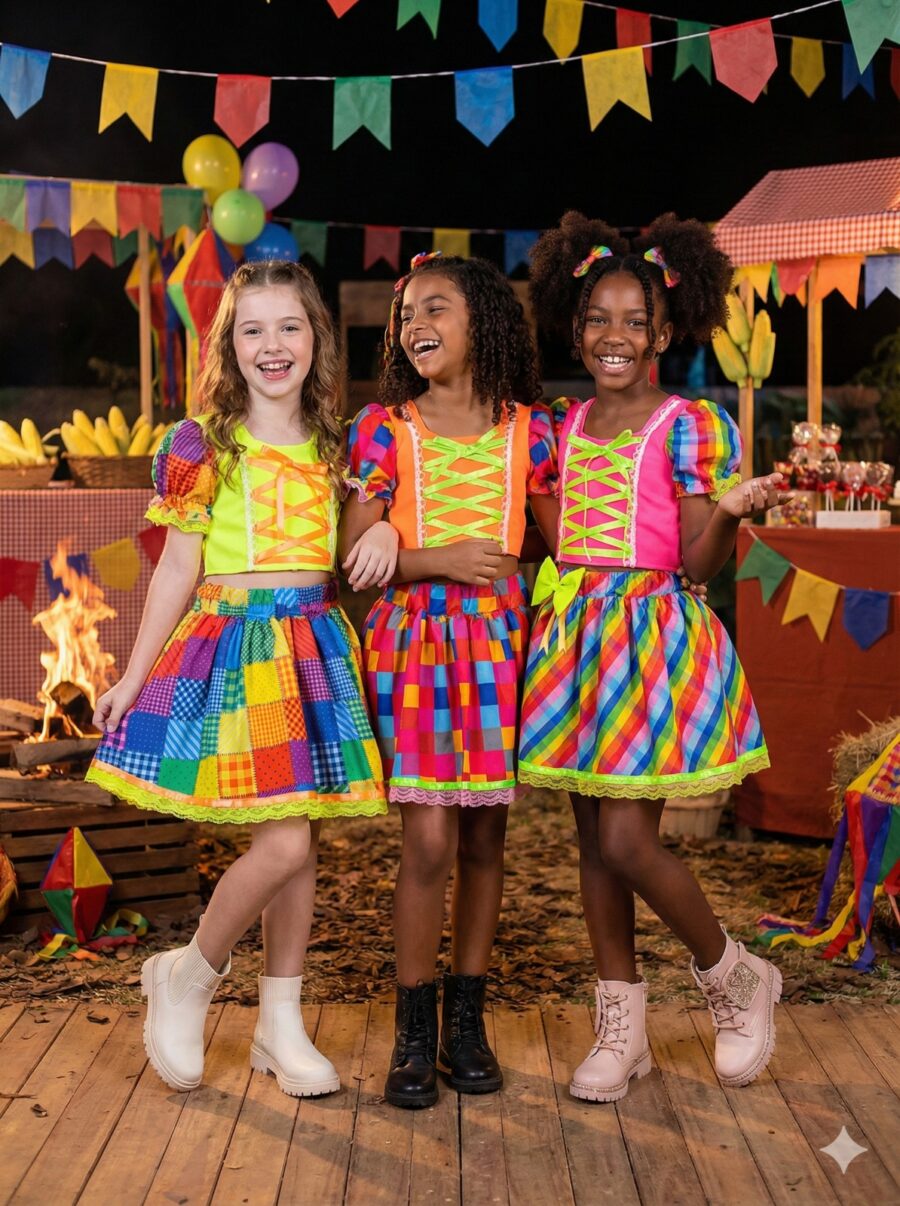 Conjunto Junino Infantil Banana Club Manu Neon