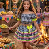 Conjunto Junino Infantil Banana Club Sofia Xadrez Preto