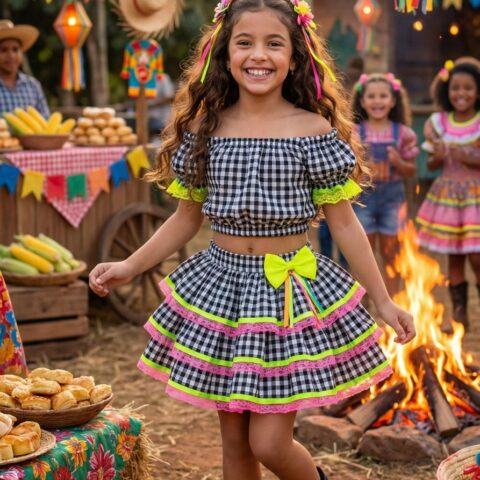 Conjunto Junino Infantil Banana Club Sofia Xadrez Preto