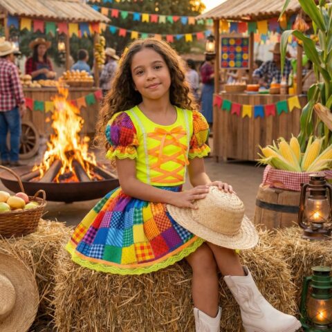 Conjunto Junino Infantil Banana Club Manu Verde Neon