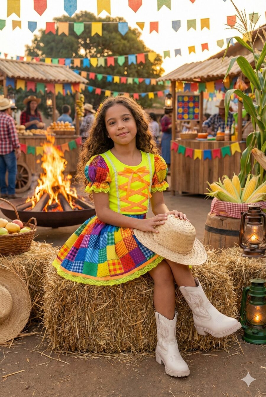 Conjunto Junino Infantil Banana Club Manu Verde Neon