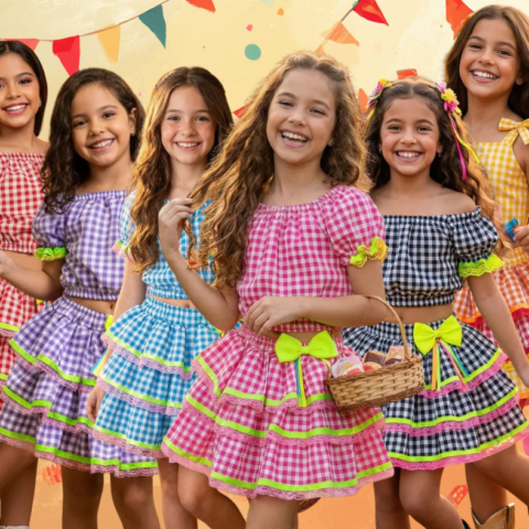 Conjunto Junino Infantil Banana Club Sofia Xadrez