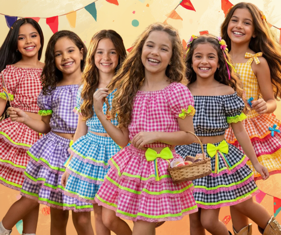 Conjunto Junino Infantil Banana Club Sofia Xadrez