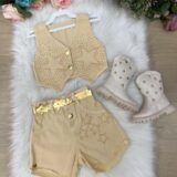 Conjunto Infantil Boiadeira Estrelada Dourado Jeans