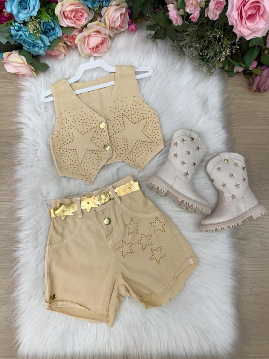 Conjunto Infantil Boiadeira Estrelada Dourado Jeans