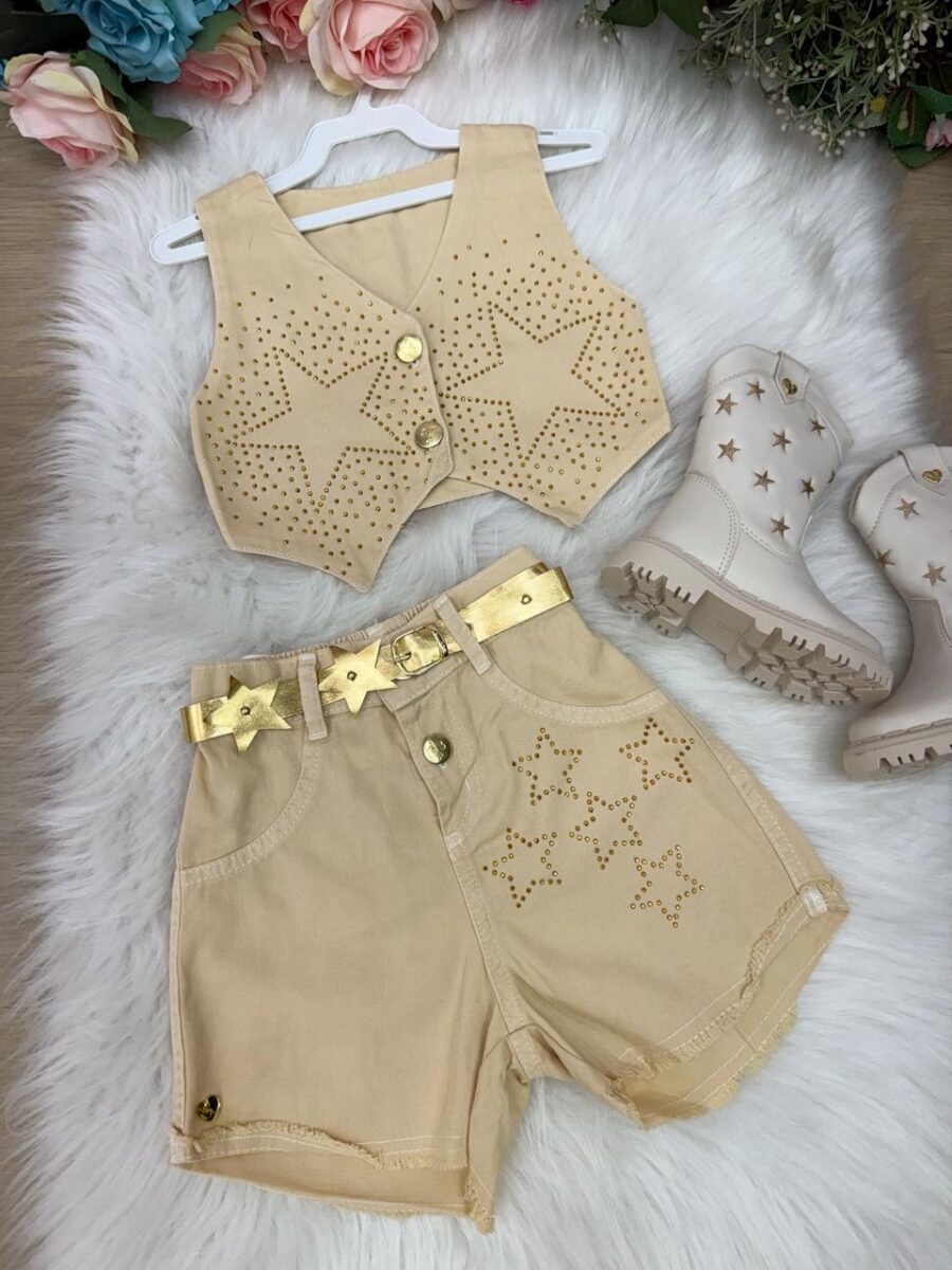 Conjunto Infantil Boiadeira Estrelada Dourado Jeans