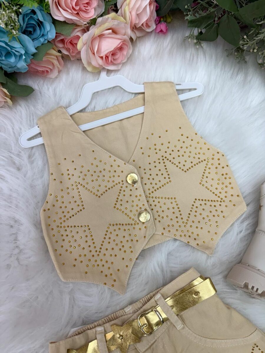 Conjunto Infantil Boiadeira Estrelada Dourado Jeans