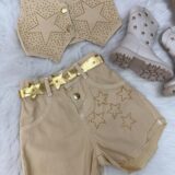 Conjunto Infantil Boiadeira Estrelada Dourado Jeans