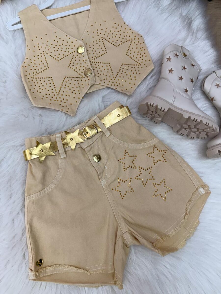 Conjunto Infantil Boiadeira Estrelada Dourado Jeans