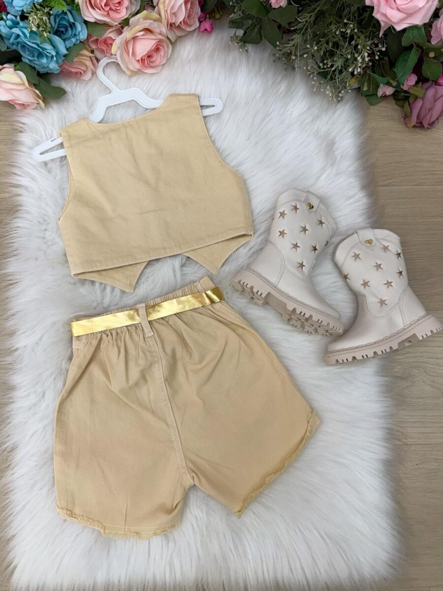 Conjunto Infantil Boiadeira Estrelada Dourado Jeans